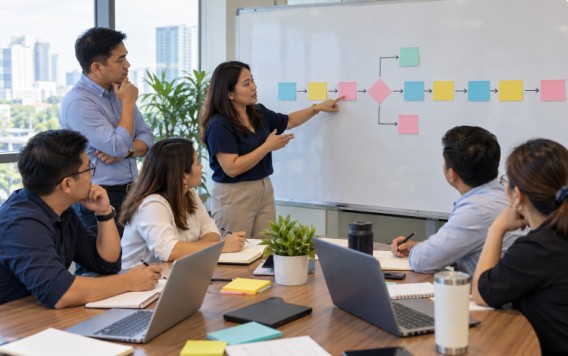 A facilitator leading a team workshop at a whiteboard process map